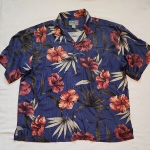 Hilo Hattie Blue Hawaiian Shirt with Red Floral Print Sz XL
